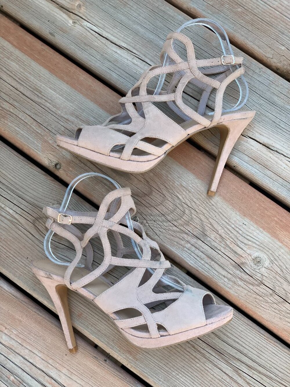 Saks Fifth Avenue Strappy Heeled Sandals 9 Tan Suede Peep Toe Platform Stilettos